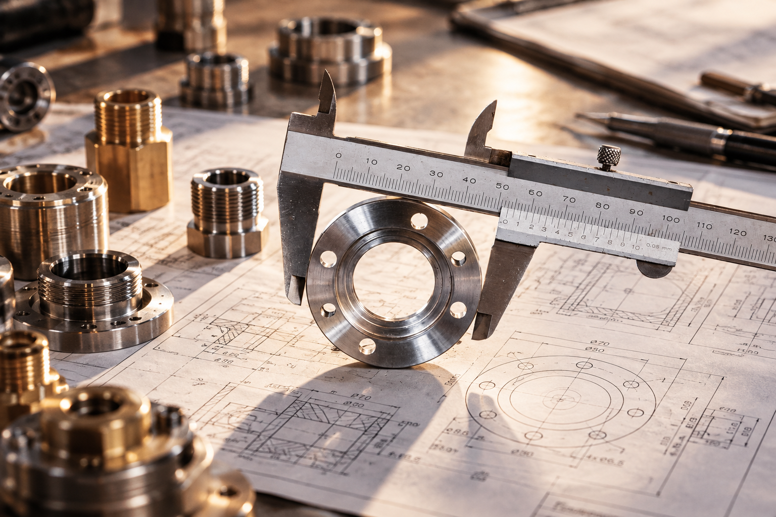 Teknik çizimler üzerinde hassas işlenmiş metal komponentler